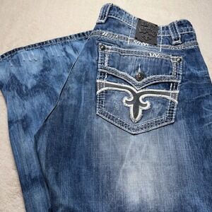 Rock Revival Aubin Relaxed Straight Mens Jeans Blue Acid Wash Distressed  44x32